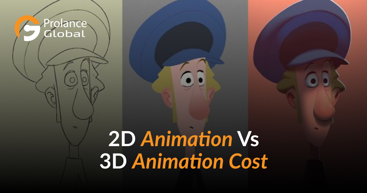 Three sequential images of a cartoon character’s head transitioning from a 2D sketch to a colored 2D illustration, and finally to a 3D rendered image, with text “2D Animation Vs 3D Animation Cost” overlaying the bottom.
