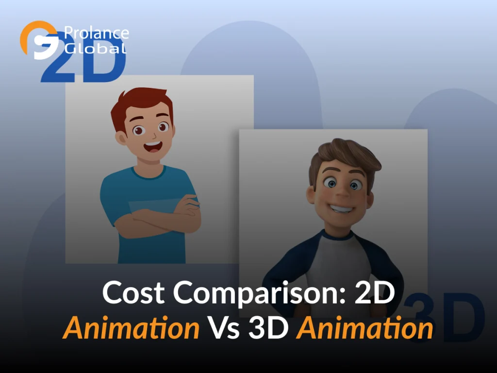 Logo of Prolance Global with a side-by-side comparison of a 2D illustrated character and the back of a 3D modeled character, titled “Cost Comparison: 2D Animation Vs 3D Animation.”