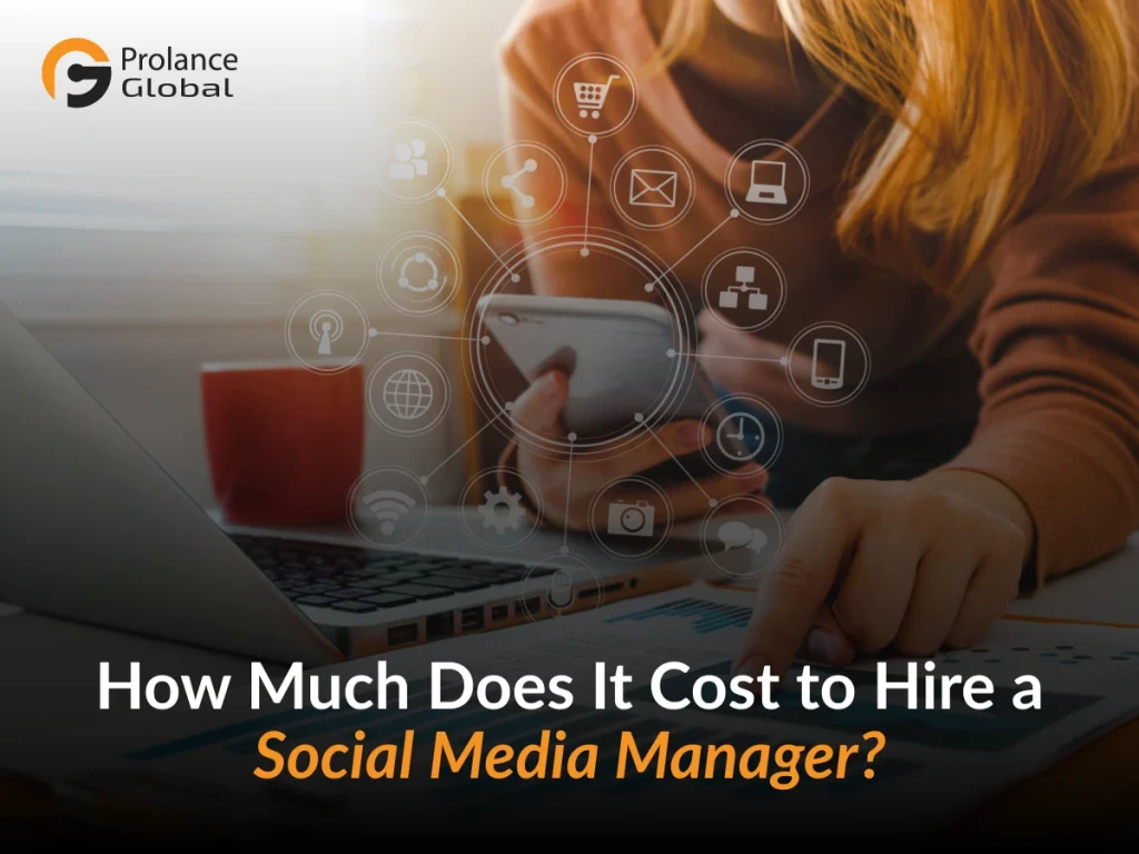 Person using a smartphone with the text 'How Much Does It Cost to Hire a Social Media Manager?' displayed.