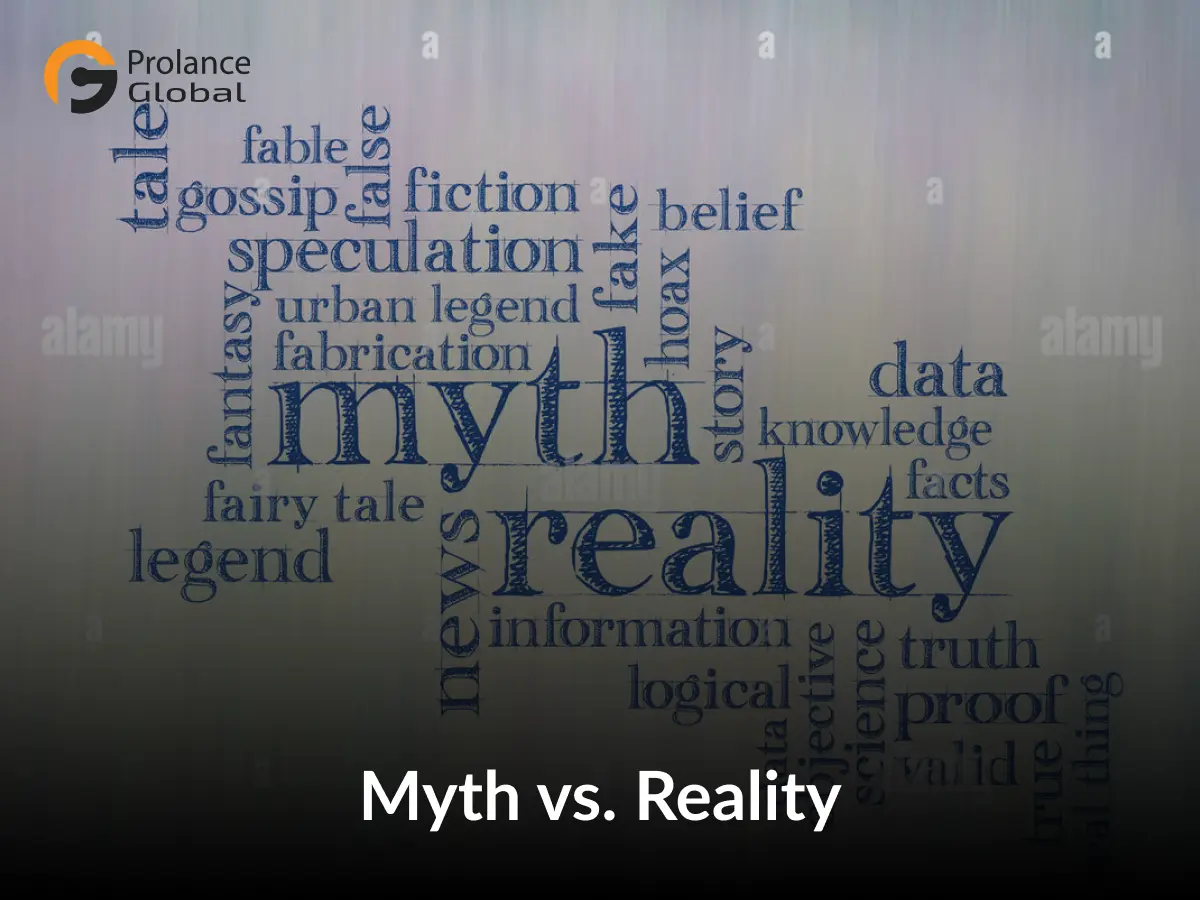An abstract word cloud in blue text contrasting "Myth" and "Reality," surrounded by terms such as "fiction," "truth," "data," "speculation," "legend," and "facts." The image includes the Prolance Global logo at the top left.