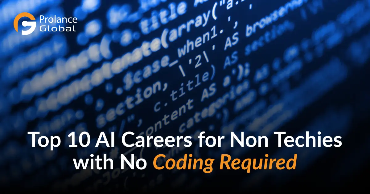 The image features a blue background with code snippets, overlaid with the text: "Top 10 AI Careers for Non-Techies with No Coding Required." The logo "Prolance Global" is in the top-left corner.