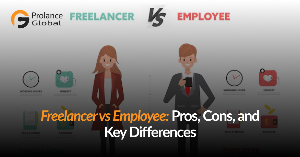 Comparison infographic showing the differences between freelancers and employees, highlighting aspects such as working hours, mindset, skills needed, and earnings.
